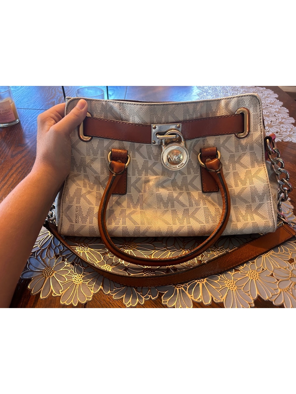 Michael Kors Signature MK Logo Satchel Handbag with Brown Leather Trim